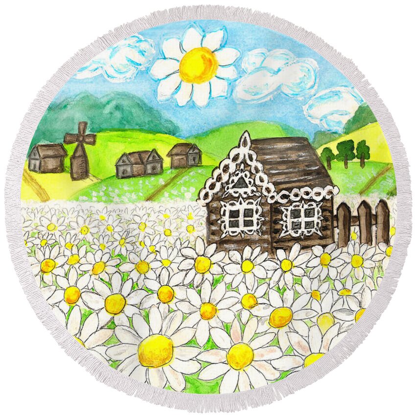 Art Round Beach Towel featuring the painting House with camomiles, painting by Irina Afonskaya
