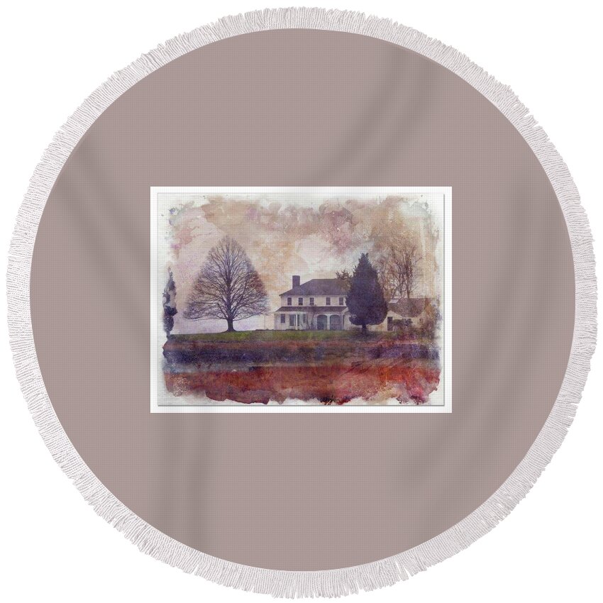 House Tree Late Fall  Round Beach Towel featuring the digital art House With The Perfect Tree by Kathleen Moroney