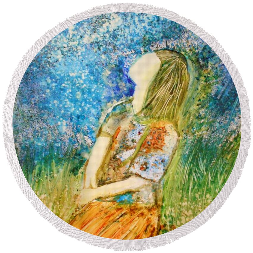 Girl In Meadow Round Beach Towel featuring the painting How Great Thou Art by Deborah Nell