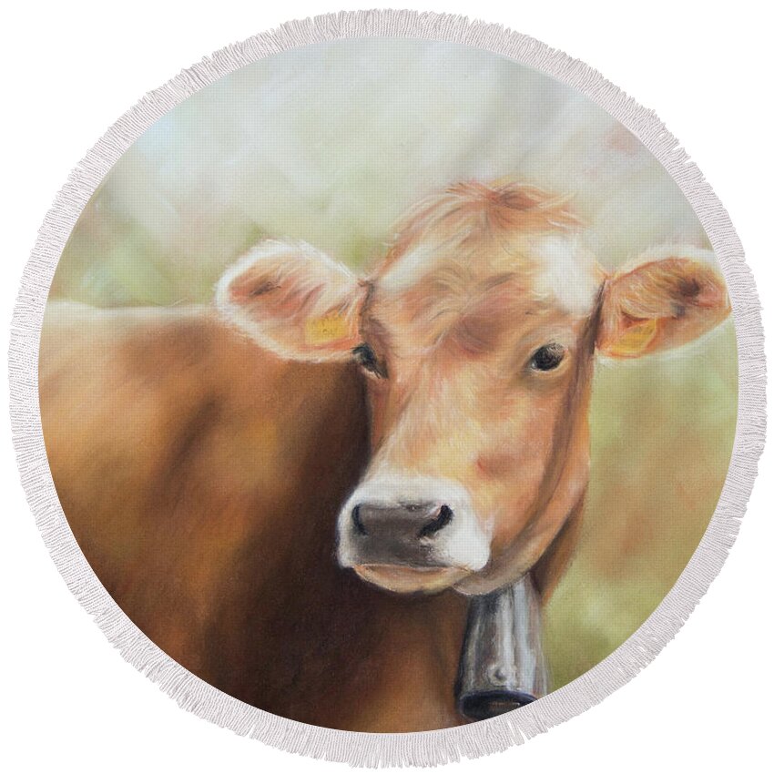 Cow Round Beach Towel featuring the pastel How Now Brown Cow by Kirsty Rebecca