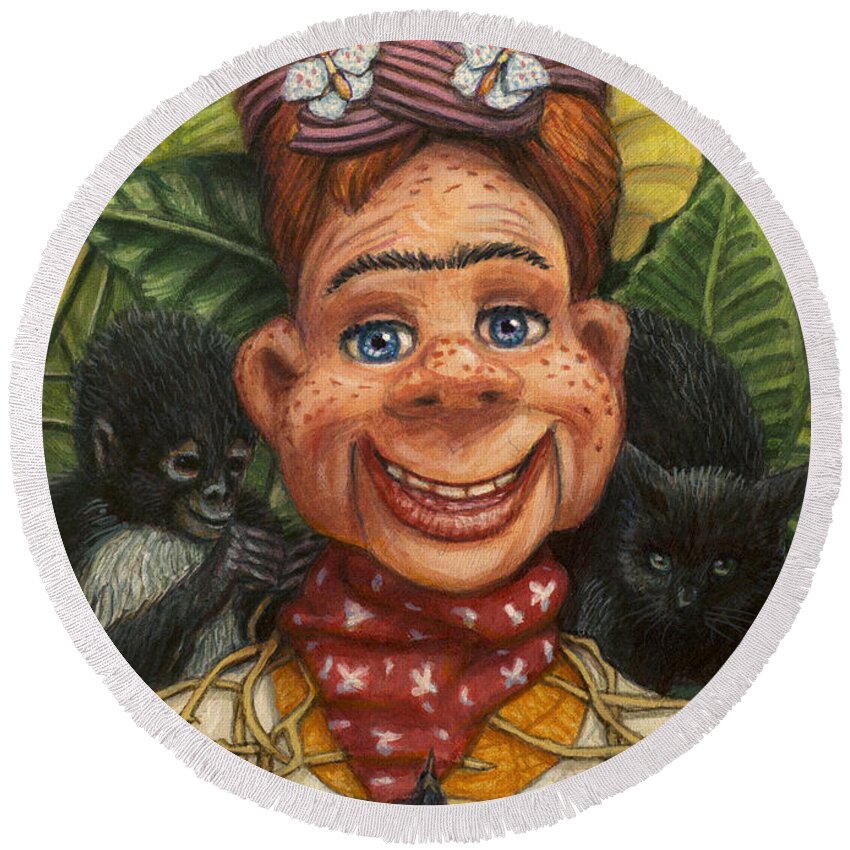 Howdy Doody Round Beach Towel featuring the painting Howdy Frida Doody by James W Johnson