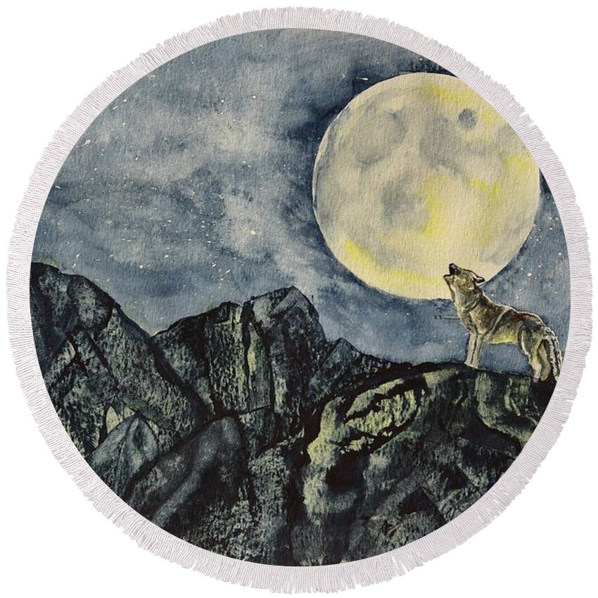 Linda Brody Round Beach Towel featuring the painting Howling Wolf by Linda Brody