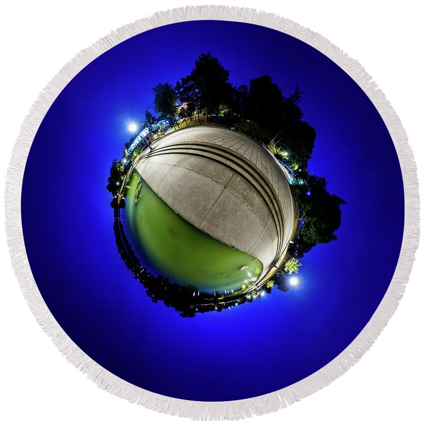 Night Cityscape Round Beach Towel featuring the photograph Hoyt Lake at Delaware Park - Tiny Planet by Chris Bordeleau
