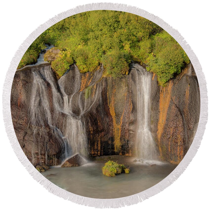 Waterfall Round Beach Towel featuring the photograph Hraunfossar 0638 by Kristina Rinell