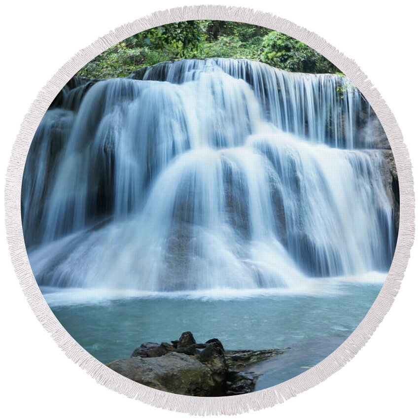 Huay Mae Khamin Round Beach Towel featuring the photograph Huay Mae Khamin Waterfall by Movie Poster Prints