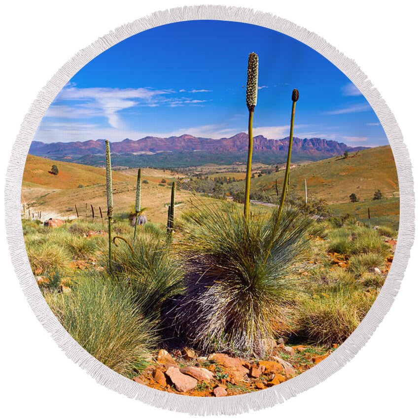 Hucks Lookout Flinders Ranges Wilpena Pound Outback Landscape Landscapes South Australia Australian Round Beach Towel featuring the photograph Hucks Lookout by Bill Robinson