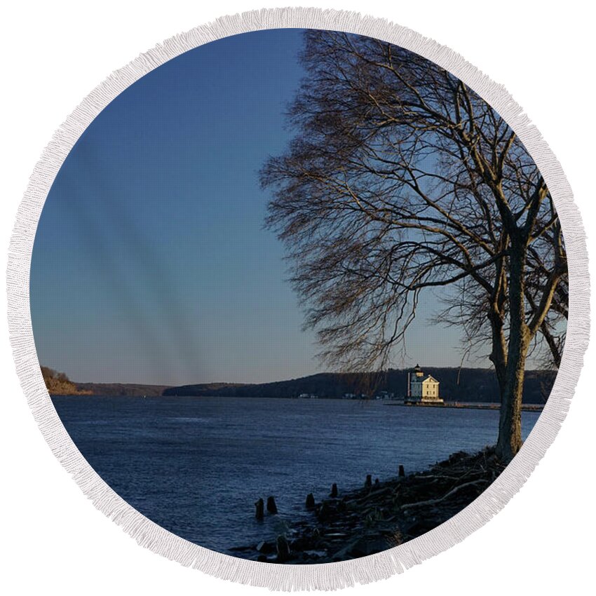 Hudson River Round Beach Towel featuring the photograph Hudson River with Lighthouse by Nancy De Flon