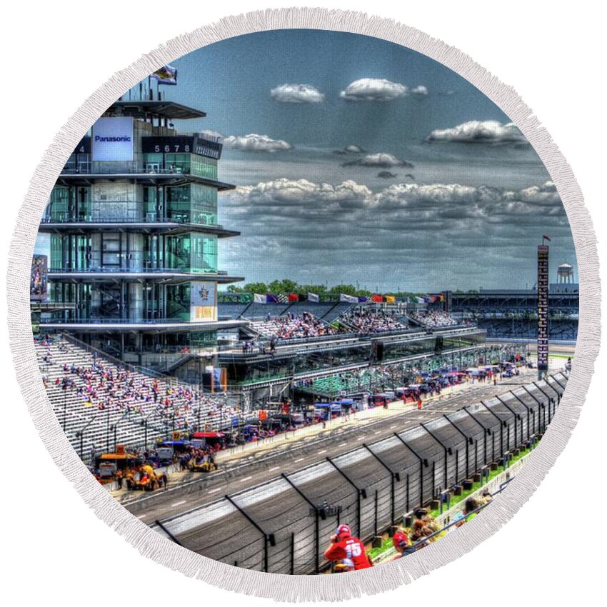 Indy 500 Round Beach Towel featuring the photograph Hulman Suites by Josh Williams