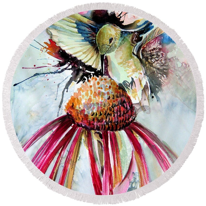 Humming Bird Round Beach Towel featuring the painting Humming Bird by Mindy Newman