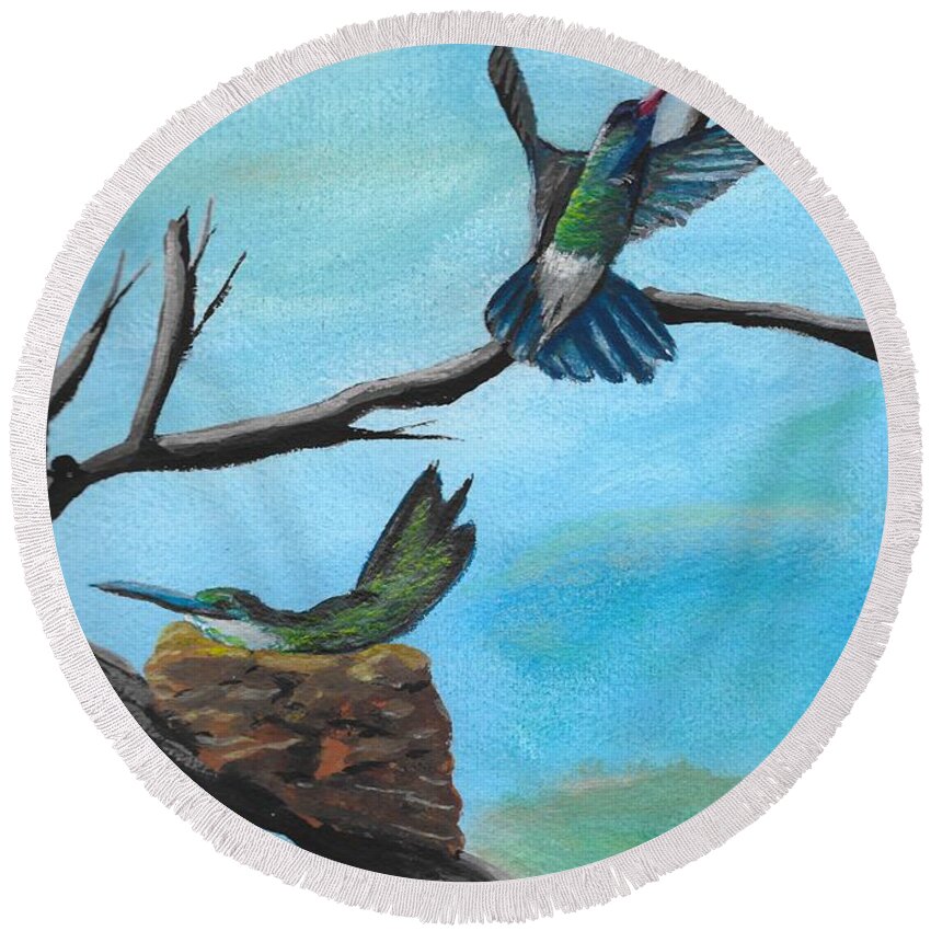 Humming Birds Round Beach Towel featuring the painting Humming Birds by David Bigelow