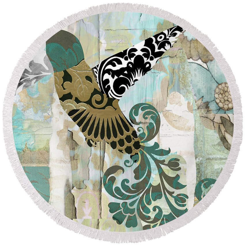 Hummingbird Round Beach Towel featuring the painting Hummingbird Batik by Mindy Sommers