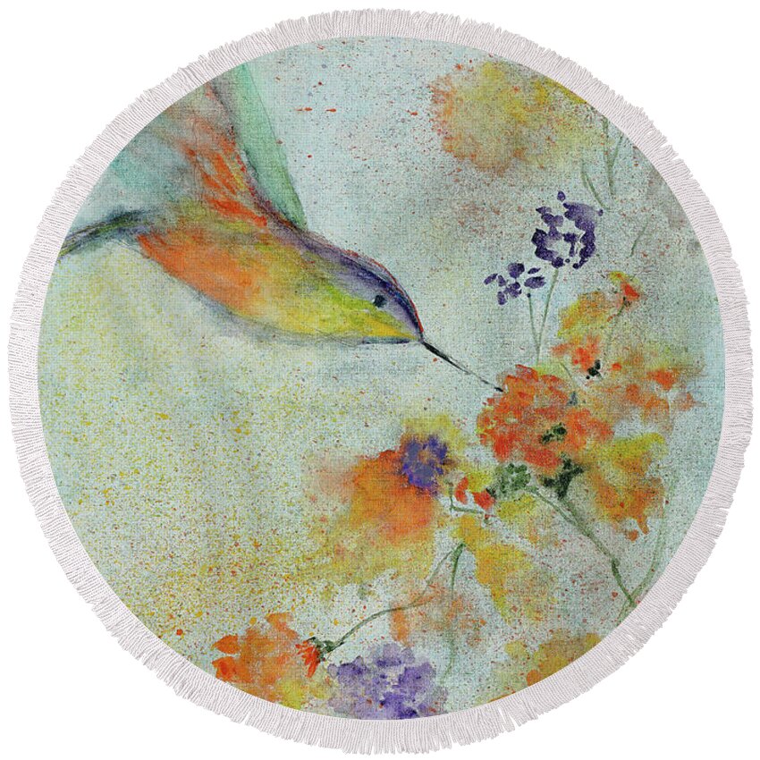 Bird Round Beach Towel featuring the painting Hummingbird by Karen Fleschler