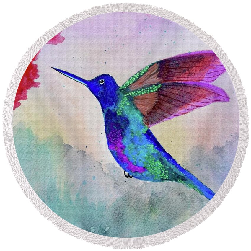  Round Beach Towel featuring the painting Hummingbird Sees the Prize by Barrie Stark