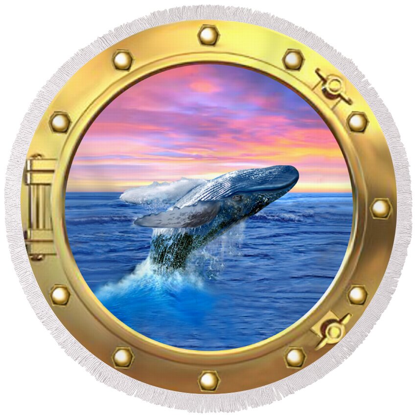 Humpback Whale Round Beach Towel featuring the digital art Humpback Whale Breaching at Sunset by Glenn Holbrook