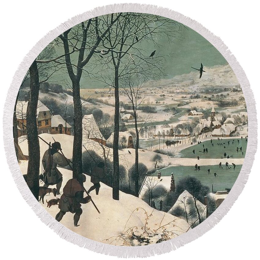 Hunters Round Beach Towel featuring the painting Hunters in the Snow by Pieter the Elder Bruegel