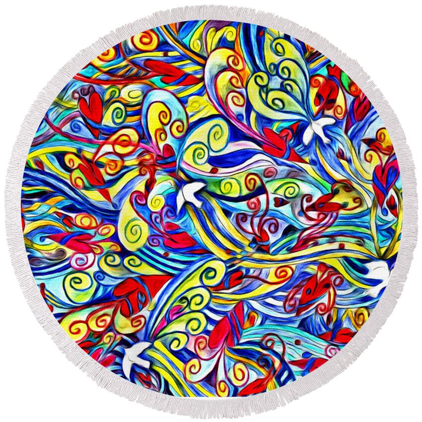 Lise Winne Round Beach Towel featuring the painting Hurricane of Doves and Hearts by Lise Winne
