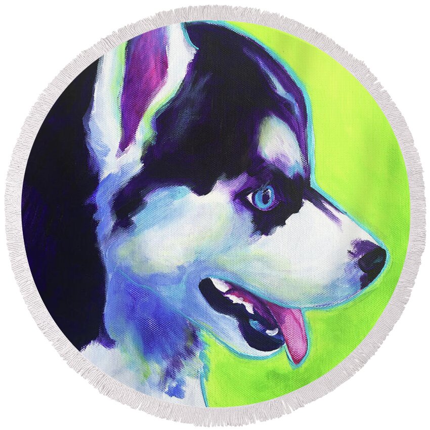 Pet Round Beach Towel featuring the painting Husky - Puppy by Dawg Painter