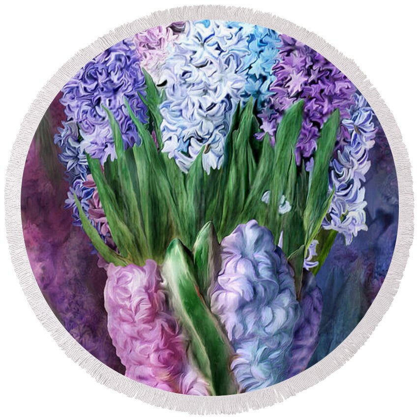 Carol Cavalaris Round Beach Towel featuring the mixed media Hyacinth In Hyacinth Vase 1 by Carol Cavalaris