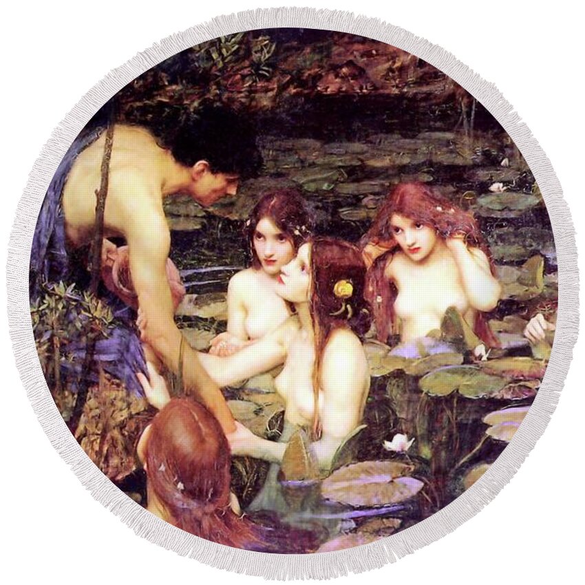 Hylas And The Nymphs Round Beach Towel featuring the painting Hylas and the Nymphs by John William Waterhouse