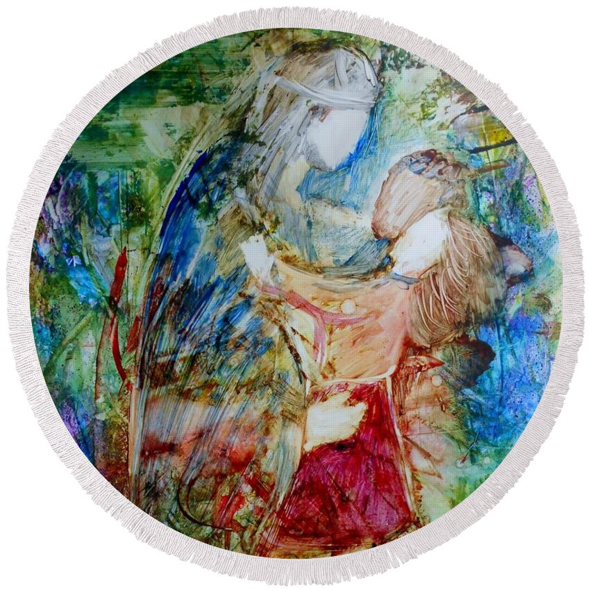 Jesus Round Beach Towel featuring the painting I Am A Child of God by Deborah Nell
