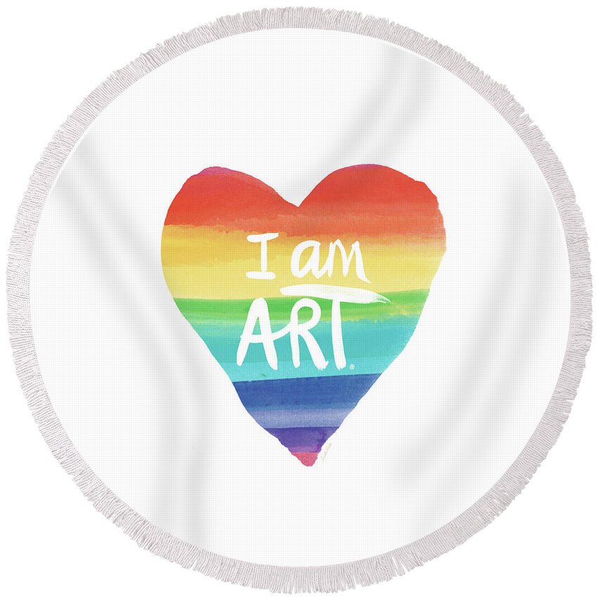 Rainbow Round Beach Towel featuring the painting I AM ART Rainbow Heart- Art by Linda Woods by Linda Woods