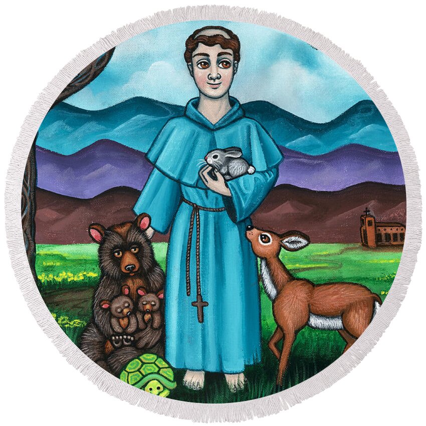 St. Francis Round Beach Towel featuring the painting I am Francis by Victoria De Almeida