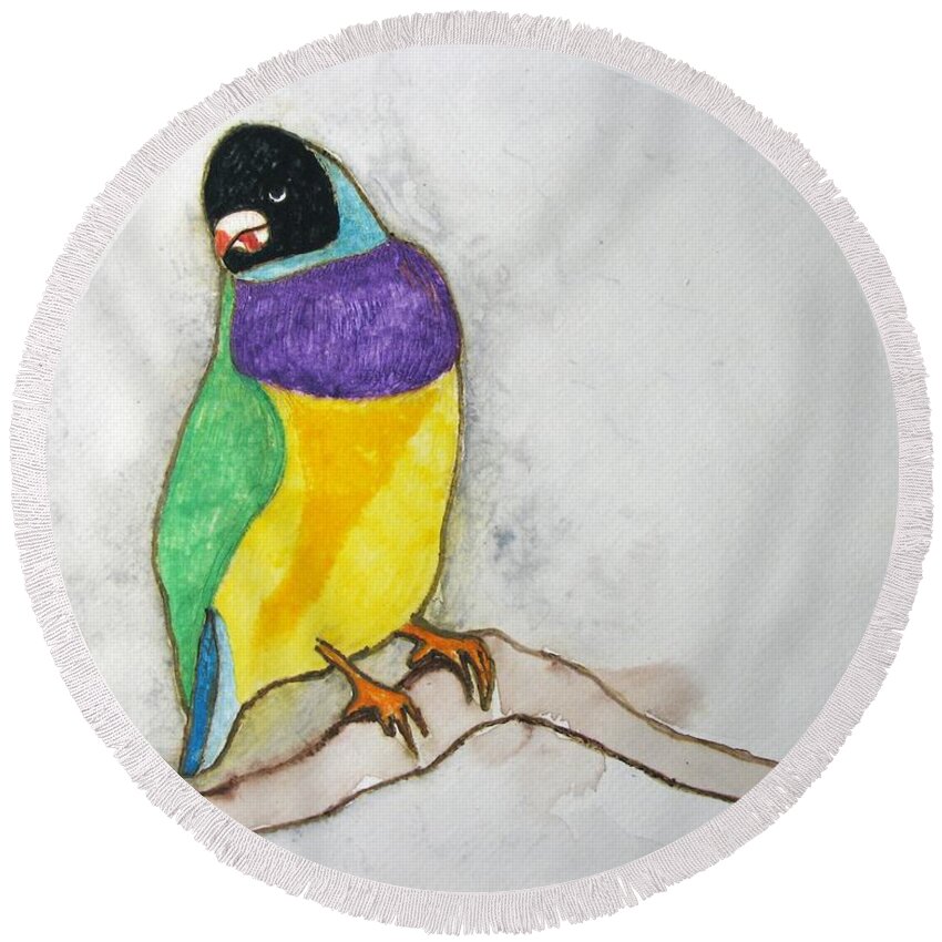 Birds Round Beach Towel featuring the painting I Don't Care by Patricia Arroyo