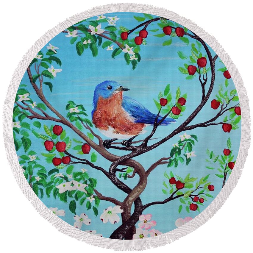 Eastern Bluebird Round Beach Towel featuring the painting I Love A Challenge In Uniqueness by M E