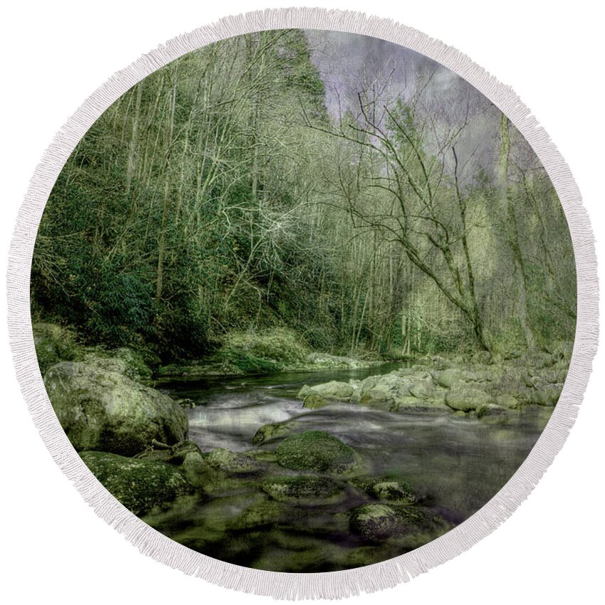 Smoky Mountain Stream Round Beach Towel featuring the photograph I Never Want It To End by Mike Eingle