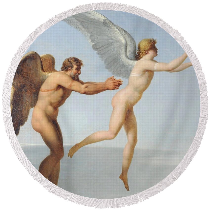 Charles Paul Landon Round Beach Towel featuring the painting Icarus and Daedalus by Charles Paul Landon