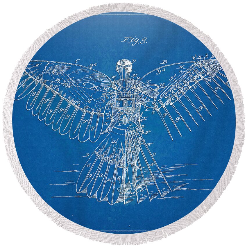 Patent Round Beach Towel featuring the digital art Icarus Human Flight Patent Artwork by Nikki Marie Smith