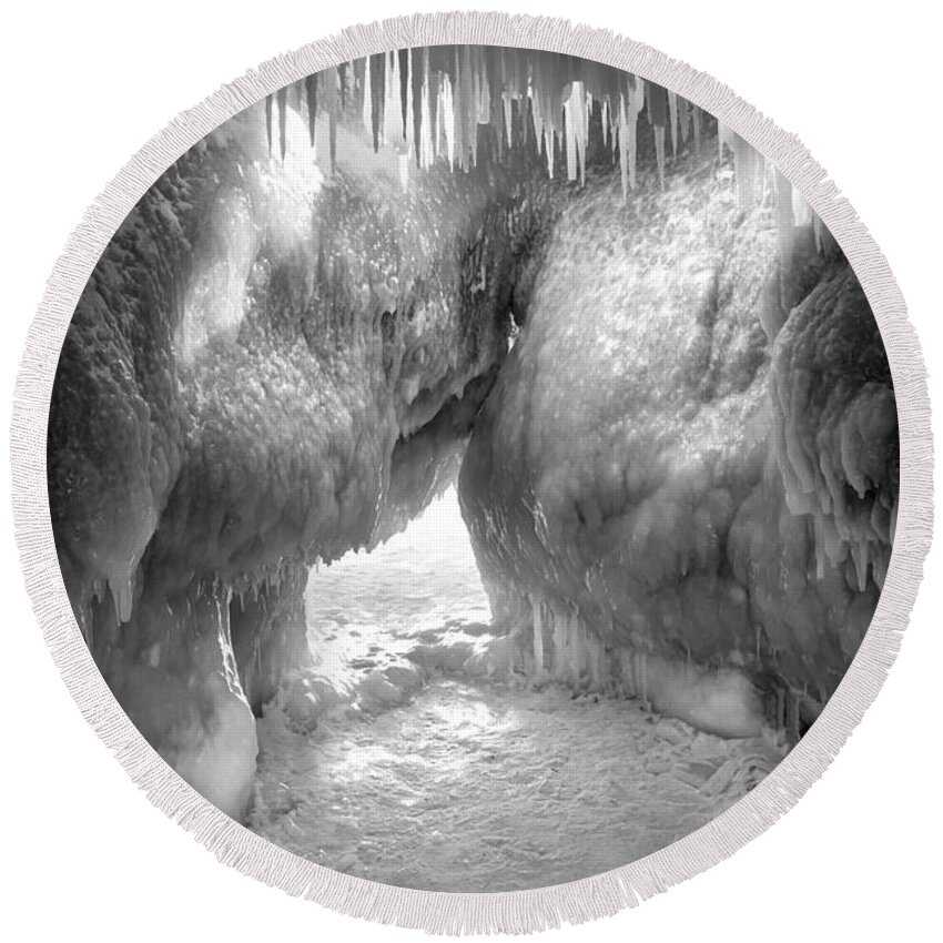 Black & White Round Beach Towel featuring the photograph Ice Cave Exit by Frederic A Reinecke