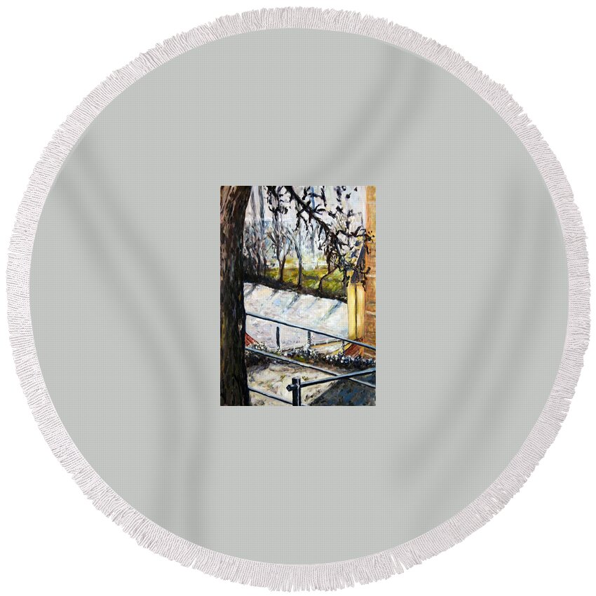 Landscape Round Beach Towel featuring the painting Ice-covered pond by Pablo de Choros
