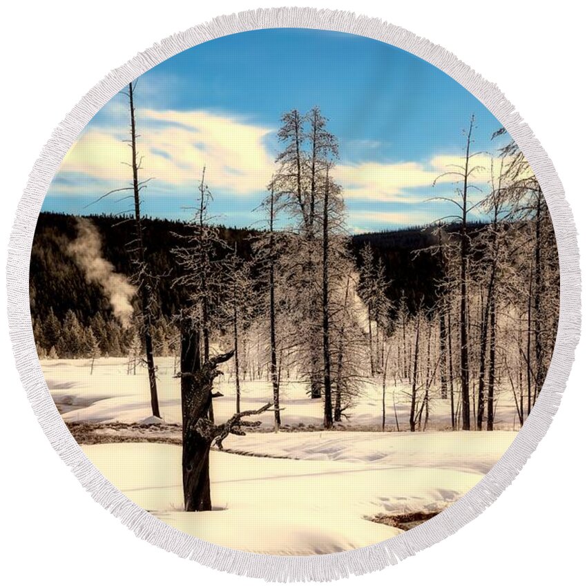 Yellowstone Round Beach Towel featuring the photograph Ice Covered Trees In Yellowstone by Mountain Dreams