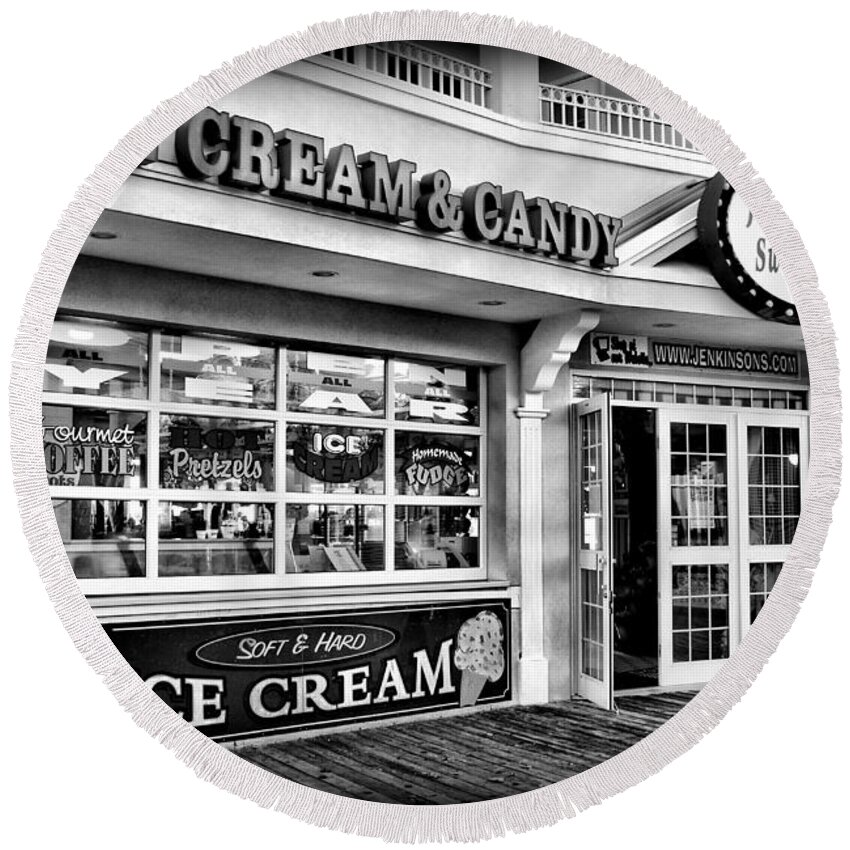 Jersey Shore Round Beach Towel featuring the photograph Ice Cream and Candy Shop at The Boardwalk - Jersey Shore by Angie Tirado