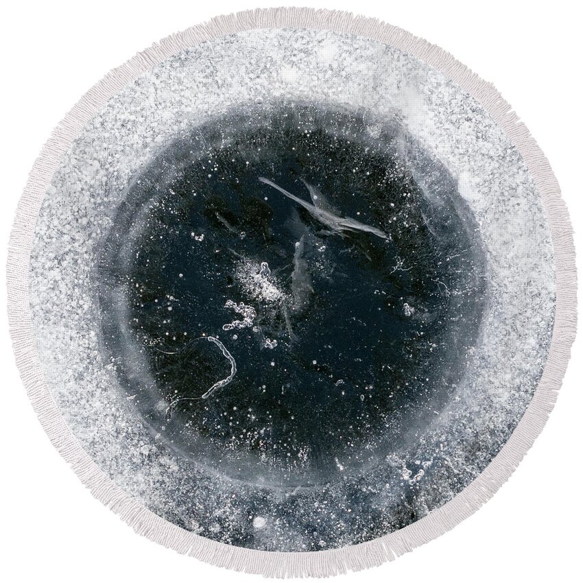 Ice Round Beach Towel featuring the photograph ice Fishing Hole 24 by Steven Ralser