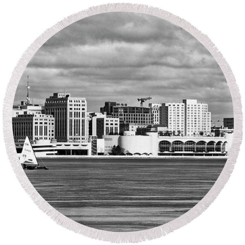 Ice Boats Round Beach Towel featuring the photograph Ice Sailing BW - Madison - Wisconsin by Steven Ralser