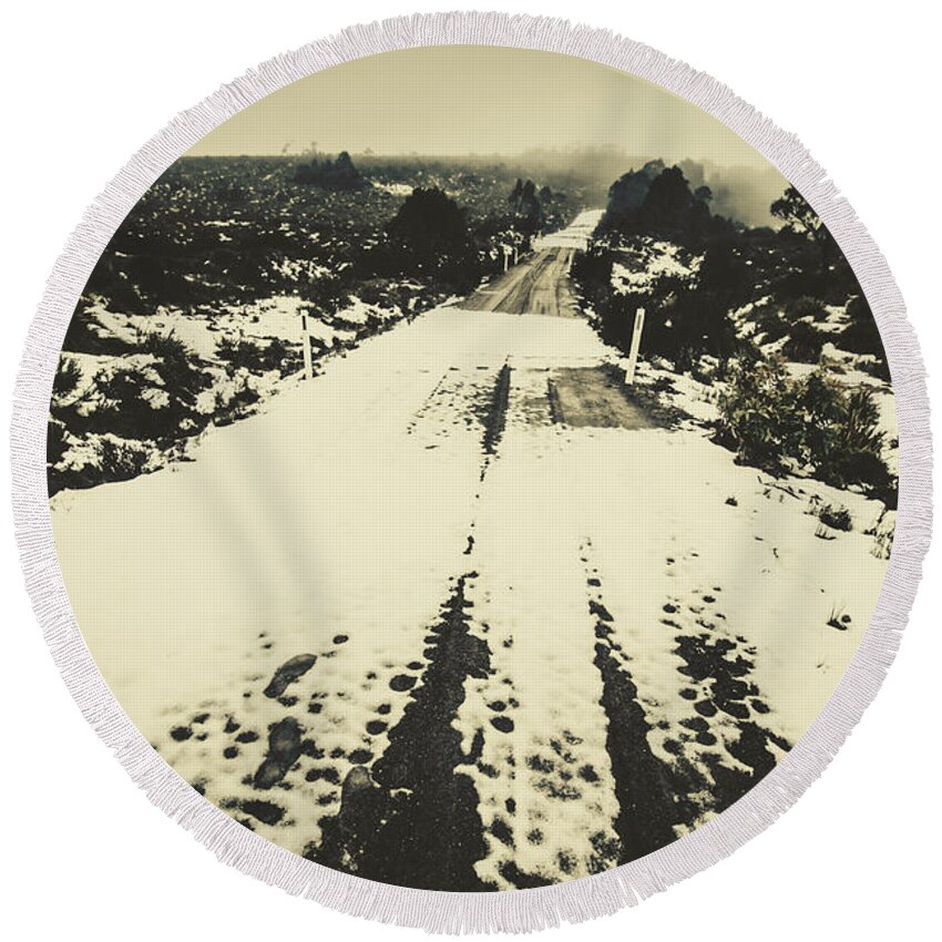 Winter Round Beach Towel featuring the photograph Iced over road by Jorgo Photography