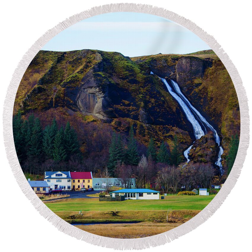 Iceland Round Beach Towel featuring the photograph Iceland Waterfall 2 by Deborah Smolinske