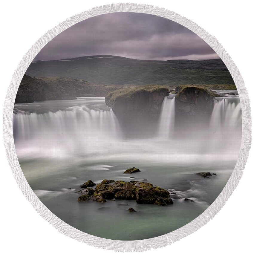 Iceland Round Beach Towel featuring the photograph Iceland Waterfall by Tom Singleton