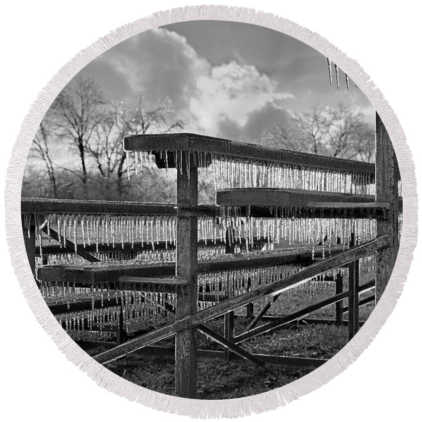 Pennsylvania Round Beach Towel featuring the photograph Icy Bleachers black and white by Rich Walter