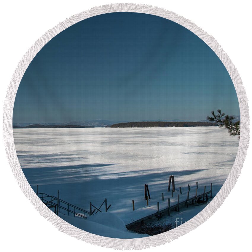 Icy Round Beach Towel featuring the photograph Icy Blue on Winnipesaukee by Mim White