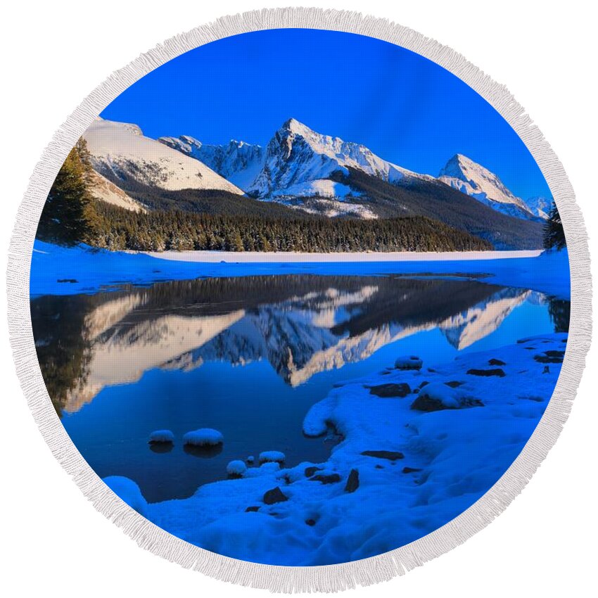 Maligne Lake Round Beach Towel featuring the photograph Icy Reflections At Maligne by Adam Jewell