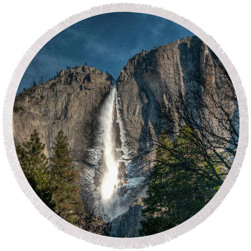 2017conniecooper-edwards Round Beach Towel featuring the photograph Icy Upper Yosemite Falls by Connie Cooper-Edwards