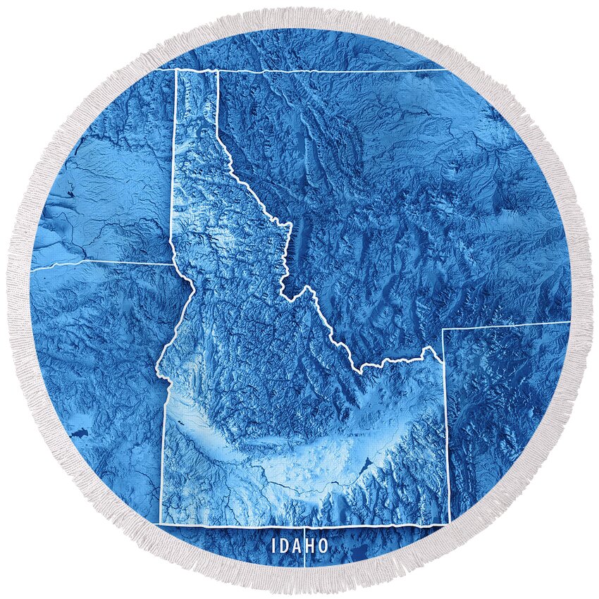 Idaho Round Beach Towel featuring the digital art Idaho State USA 3D Render Topographic Map Blue Border by Frank Ramspott