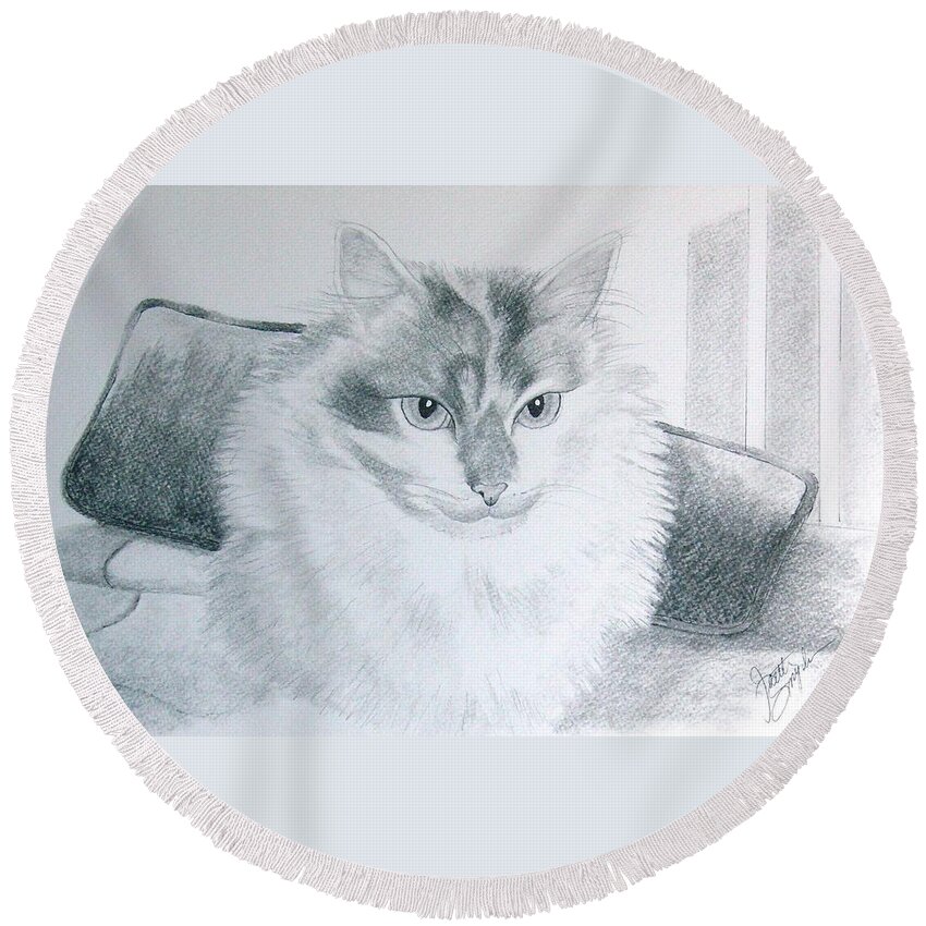 Cat Round Beach Towel featuring the drawing Idget by Joette Snyder
