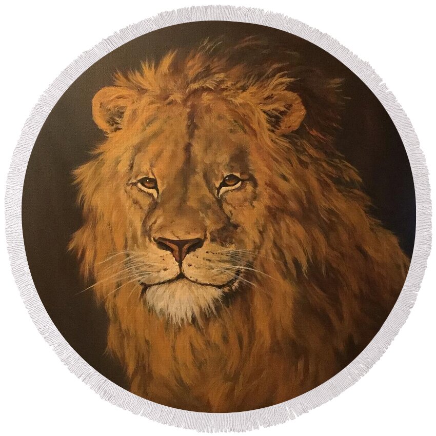 Lion Round Beach Towel featuring the painting Lion by Jean Walker