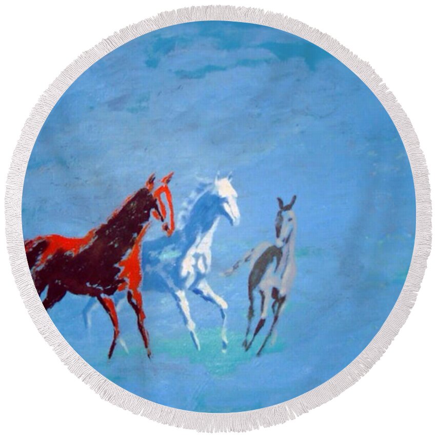 Horses Round Beach Towel featuring the painting Il futuro ci viene incontro by Enrico Garff
