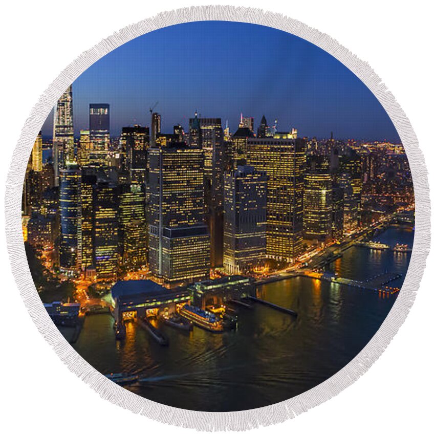 Aerial View Round Beach Towel featuring the photograph Illuminated Lower Manhattan NYC by Susan Candelario