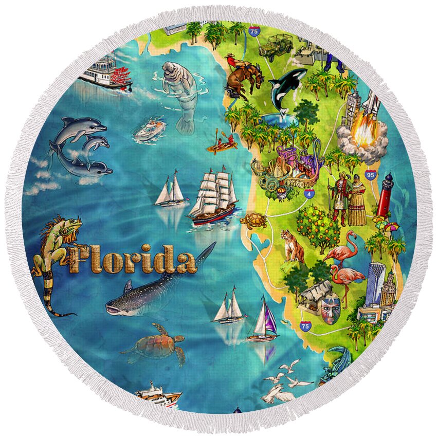 Castillo De San Marcos National Monument Round Beach Towel featuring the painting Illustrated Map of Florida by Maria Rabinky